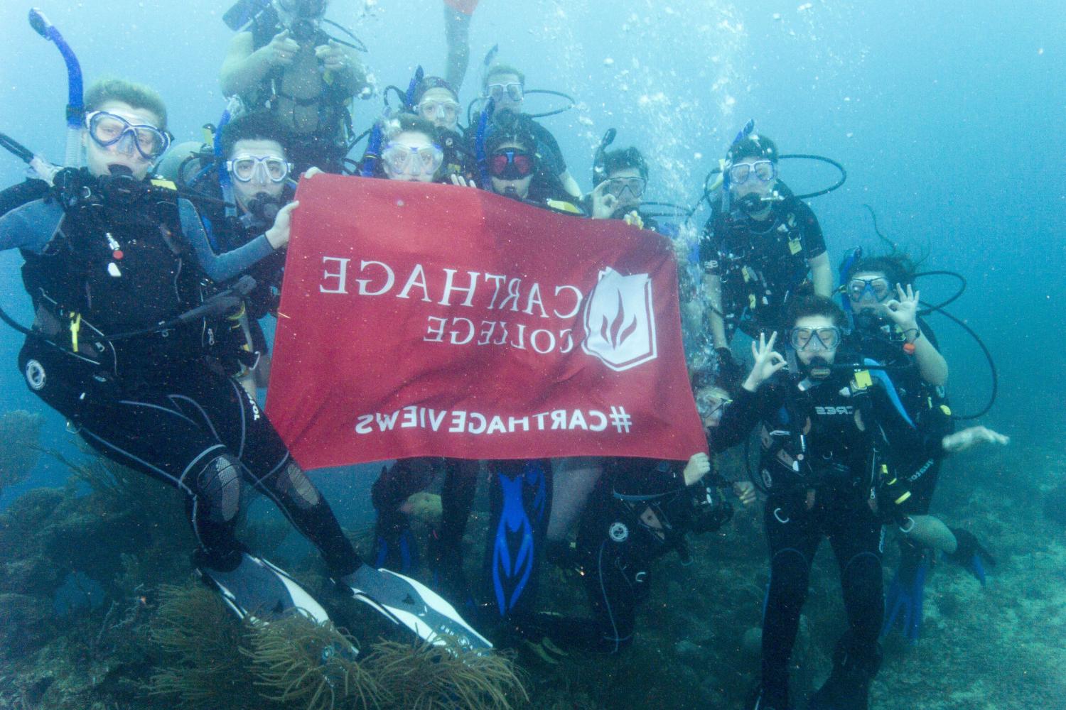 学生们手持<a href='http://7ks.ngskmc-eis.net'>bv伟德ios下载</a>旗帜，在j学期洪都拉斯游学之旅中潜水.